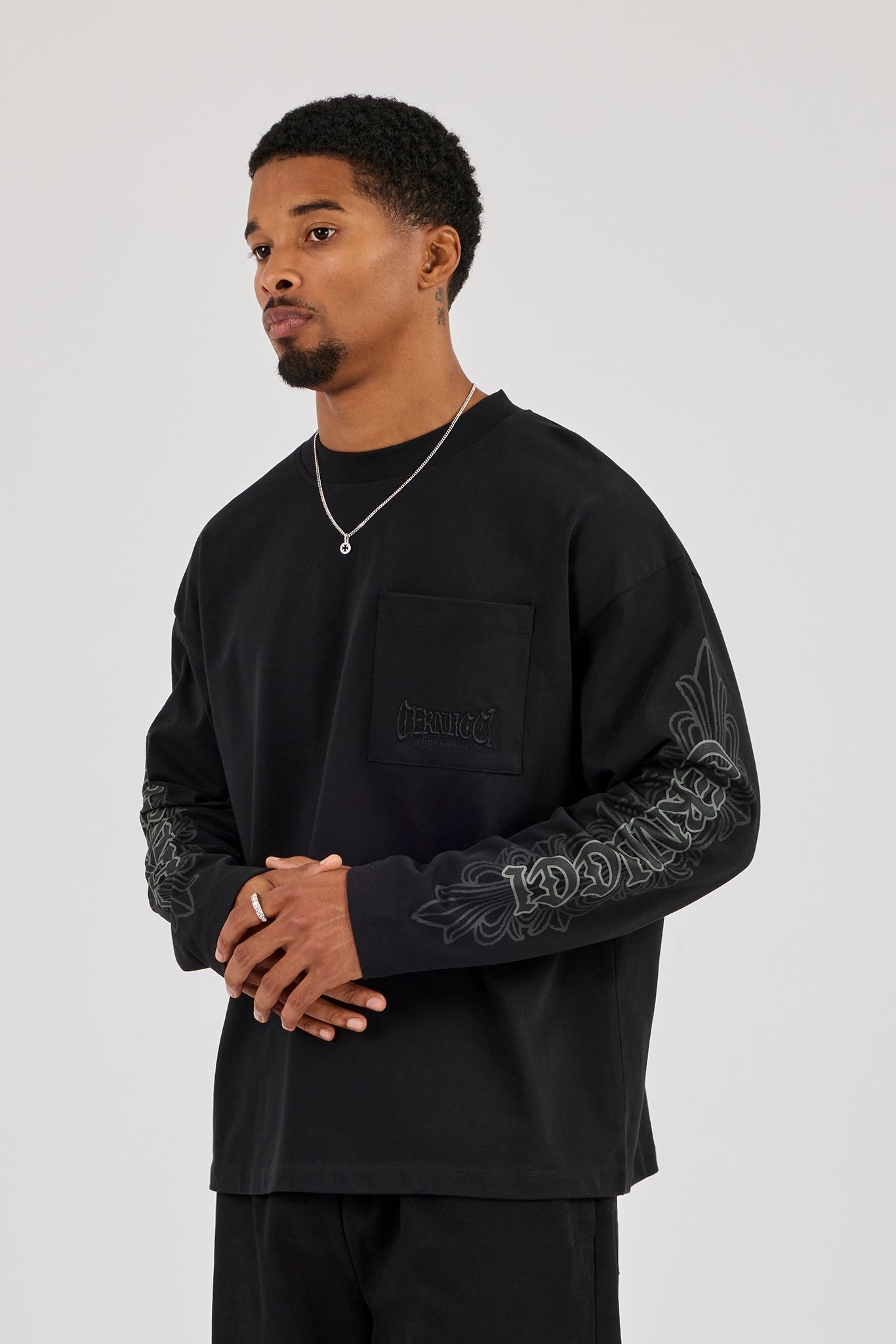 Long Sleeve Embroidered Pocket T-Shirt - Washed Black